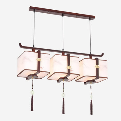 Traditionelle chinesische Massivholzstoff quadratische gebürstete Druck 1/2/3 Licht Kronleuchter für Esszimmer 