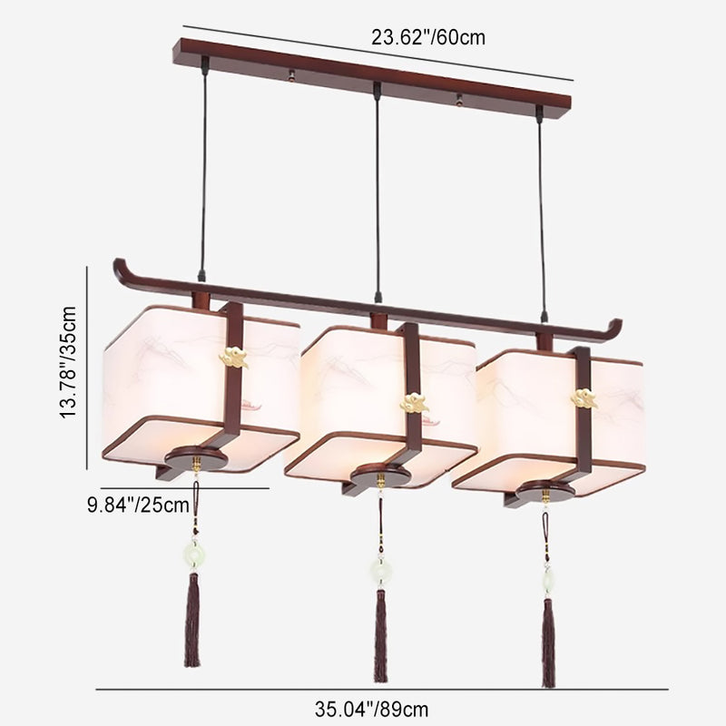 Traditionelle chinesische Massivholzstoff quadratische gebürstete Druck 1/2/3 Licht Kronleuchter für Esszimmer 