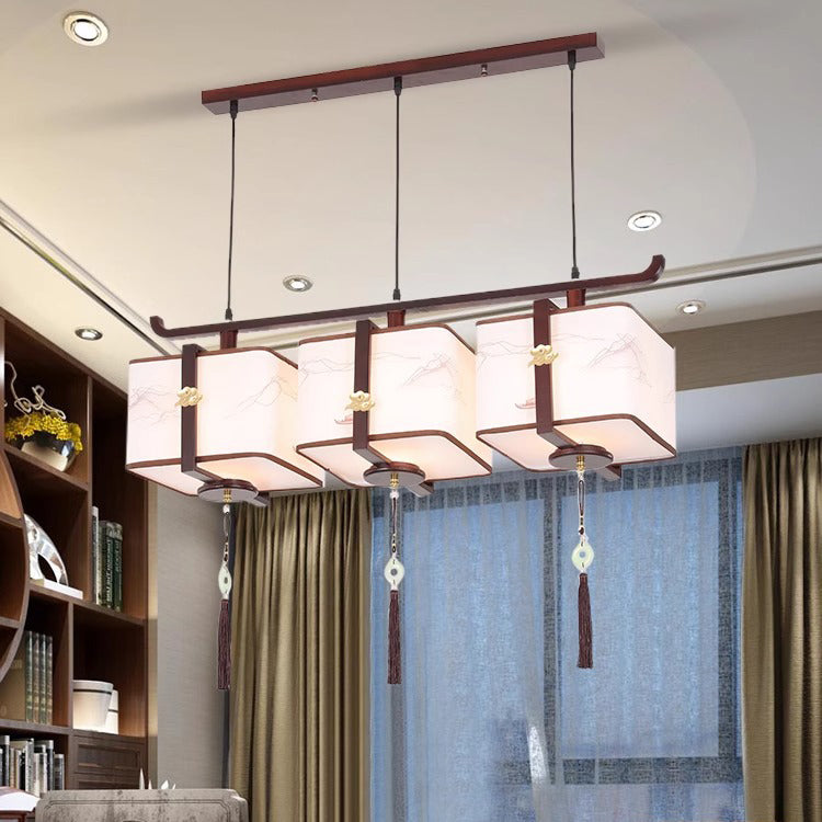 Traditionelle chinesische Massivholzstoff quadratische gebürstete Druck 1/2/3 Licht Kronleuchter für Esszimmer 