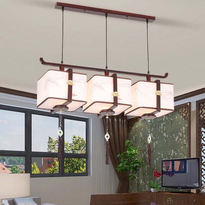 Traditional Chinese Solid Wood Fabric Square Brushed Printing 1/2/3 Light Chandeliers For Dining Room