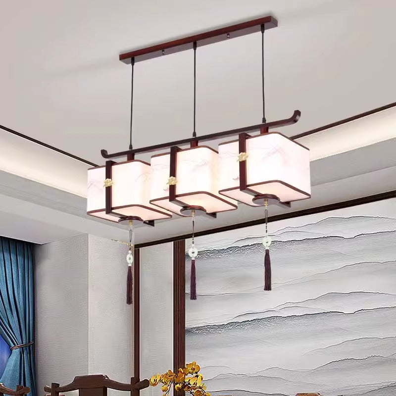 Traditionelle chinesische Massivholzstoff quadratische gebürstete Druck 1/2/3 Licht Kronleuchter für Esszimmer 