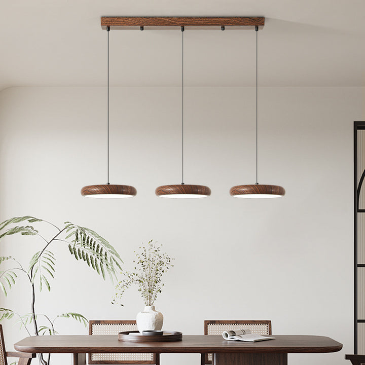 Zeitgenössische Retro Eisen PVC Runde Holzmaserung LED Pendelleuchte für Esszimmer 