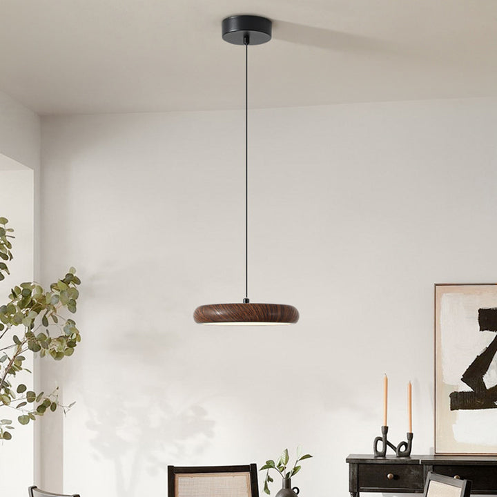 Zeitgenössische Retro Eisen PVC Runde Holzmaserung LED Pendelleuchte für Esszimmer 