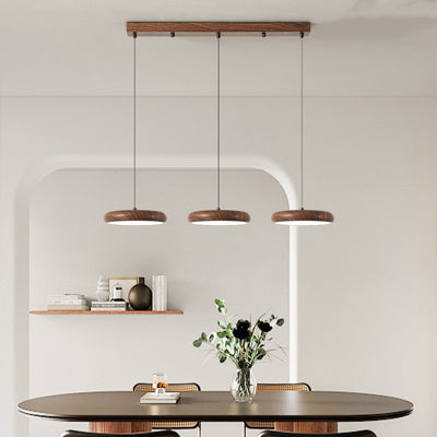 Suspension LED en fer rétro contemporain avec grain de bois rond en PVC pour salle à manger 