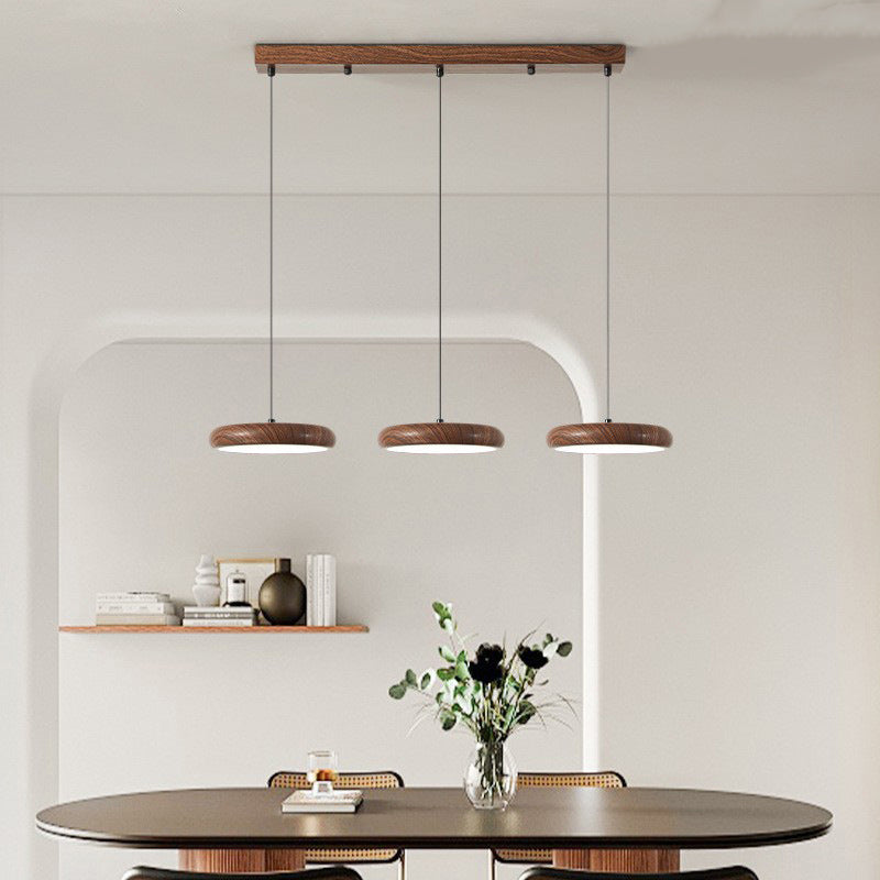 Suspension LED en fer rétro contemporain avec grain de bois rond en PVC pour salle à manger 