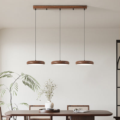 Suspension LED en fer rétro contemporain avec grain de bois rond en PVC pour salle à manger 