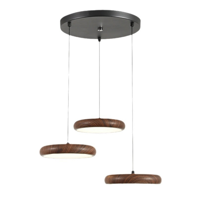Suspension LED en fer rétro contemporain avec grain de bois rond en PVC pour salle à manger 