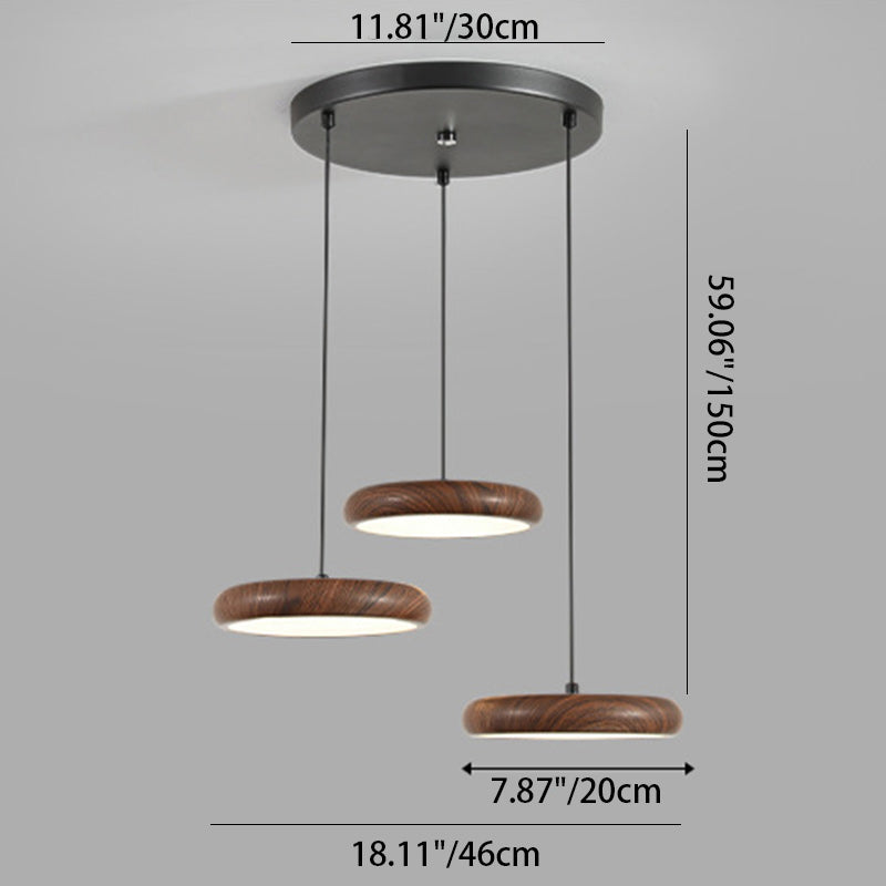 Suspension LED en fer rétro contemporain avec grain de bois rond en PVC pour salle à manger 