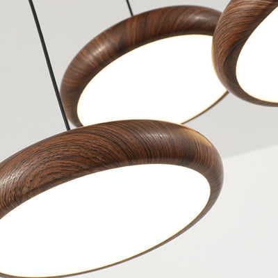 Suspension LED en fer rétro contemporain avec grain de bois rond en PVC pour salle à manger 