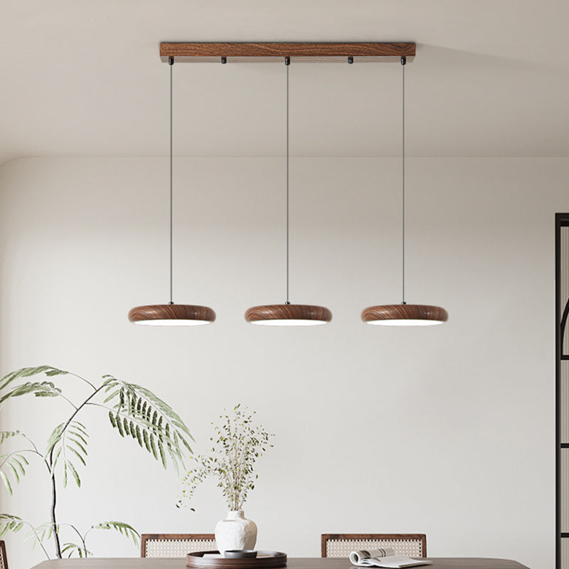 Suspension LED en fer rétro contemporain avec grain de bois rond en PVC pour salle à manger 