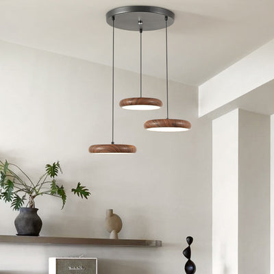 Suspension LED en fer rétro contemporain avec grain de bois rond en PVC pour salle à manger 