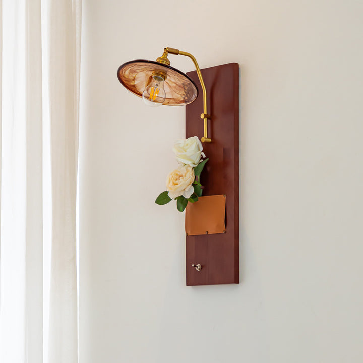 Contemporary Retro Brass Wood Leather Glass Round Ice Cube Bag 1-Light Wall Sconce Lamp For Hallway