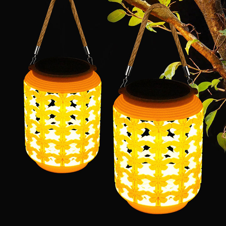 Traditional Chinese Solar Waterproof ABS Hemp Rope Cylinder Hollowed Lantern LED Outdoor Light Landscape Lighting For Garden