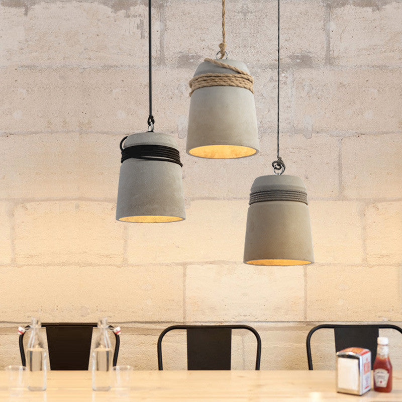Cylindre Torsadé en Ciment, Fer et Ficelle Industrielle Contemporaine 1-Lumière Suspension pour Salle à Manger 