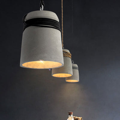 Cylindre Torsadé en Ciment, Fer et Ficelle Industrielle Contemporaine 1-Lumière Suspension pour Salle à Manger 