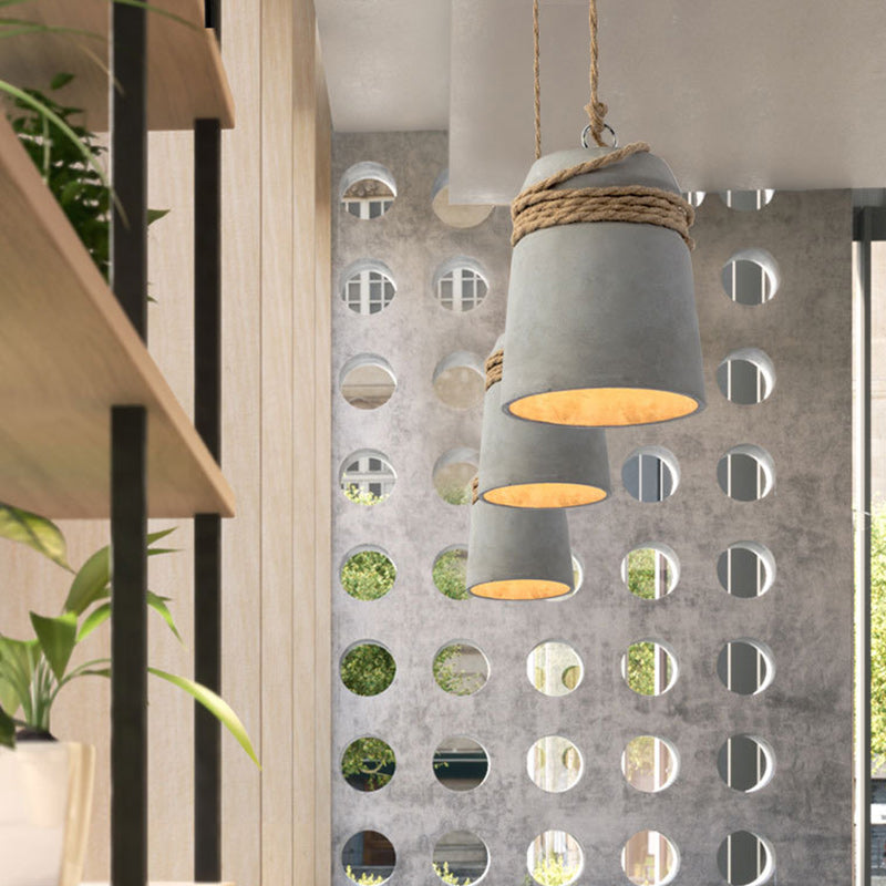 Cylindre Torsadé en Ciment, Fer et Ficelle Industrielle Contemporaine 1-Lumière Suspension pour Salle à Manger 