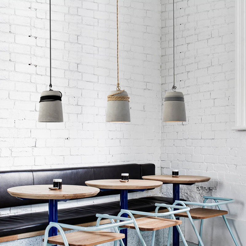 Cylindre Torsadé en Ciment, Fer et Ficelle Industrielle Contemporaine 1-Lumière Suspension pour Salle à Manger 