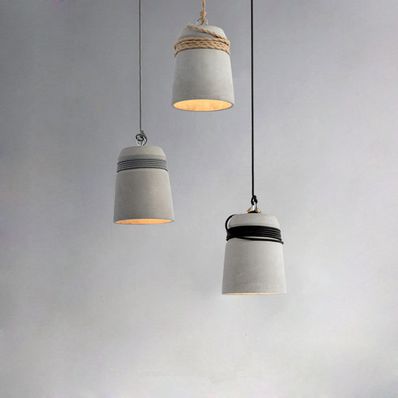 Cylindre Torsadé en Ciment, Fer et Ficelle Industrielle Contemporaine 1-Lumière Suspension pour Salle à Manger 