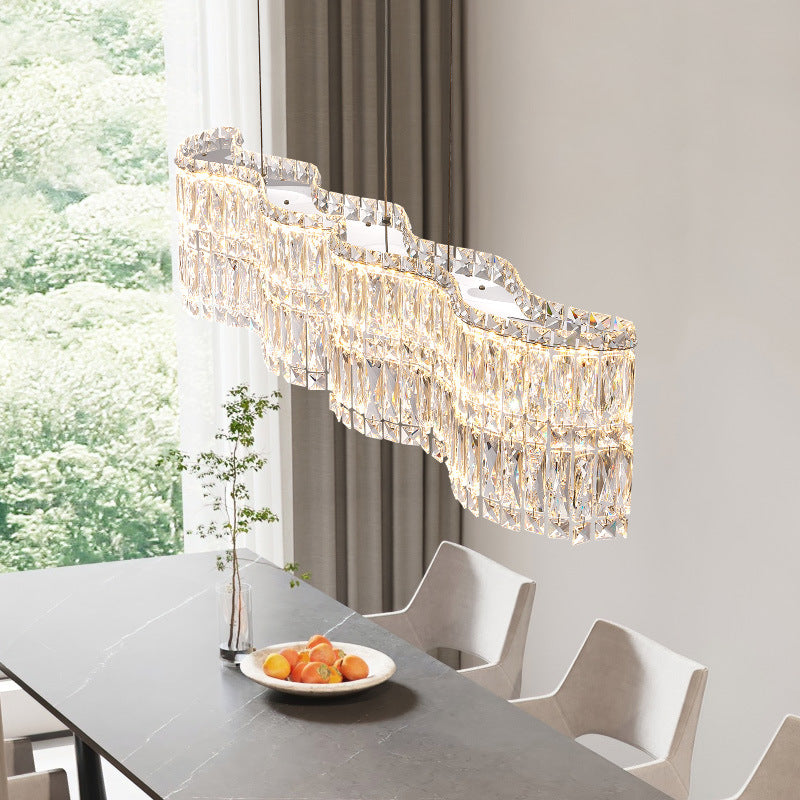 Moderne Luxus Edelstahl Kristallwelle Rechteckige LED-Kronleuchter Insellicht für das Esszimmer 