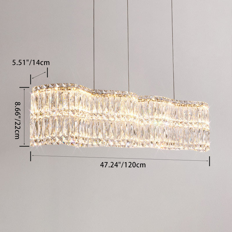 Moderne Luxus Edelstahl Kristallwelle Rechteckige LED-Kronleuchter Insellicht für das Esszimmer 