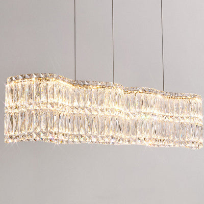 Moderne Luxus Edelstahl Kristallwelle Rechteckige LED-Kronleuchter Insellicht für das Esszimmer 