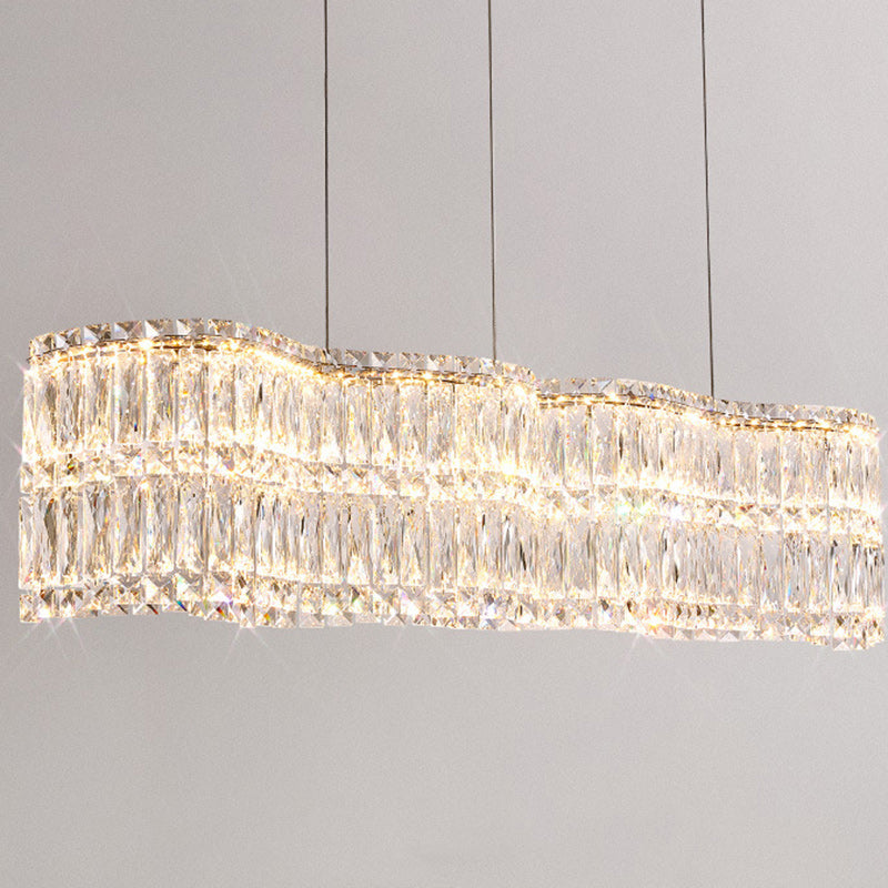 Moderne Luxus Edelstahl Kristallwelle Rechteckige LED-Kronleuchter Insellicht für das Esszimmer 