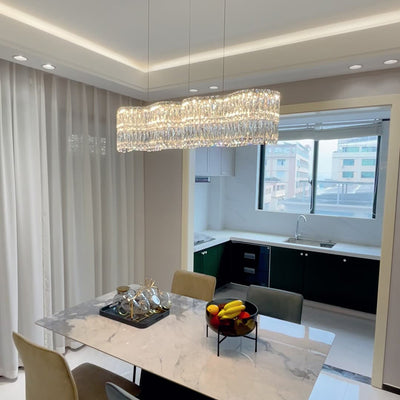 Moderne Luxus Edelstahl Kristallwelle Rechteckige LED-Kronleuchter Insellicht für das Esszimmer 