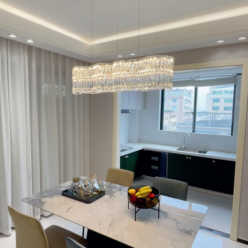 Moderne Luxus Edelstahl Kristallwelle Rechteckige LED-Kronleuchter Insellicht für das Esszimmer 