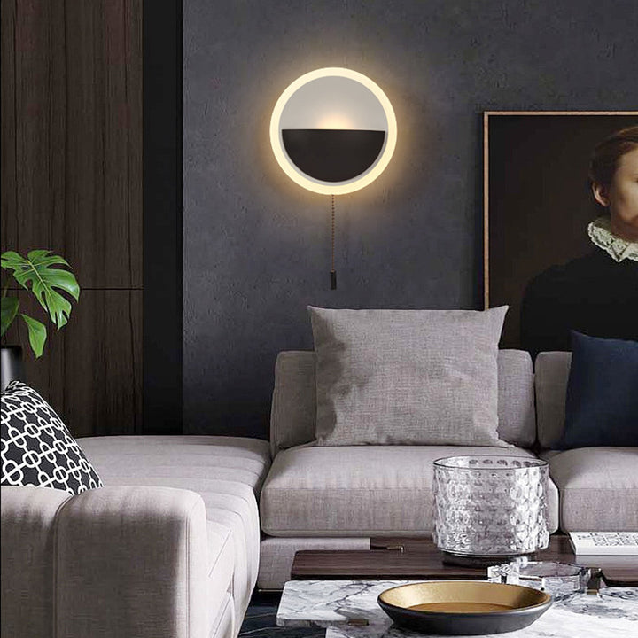 Lámpara de Aplique de Pared LED con Cable de Extracción Redondo de Hierro, Aluminio y Acrílico de Simplicidad Moderna para Cabecera 