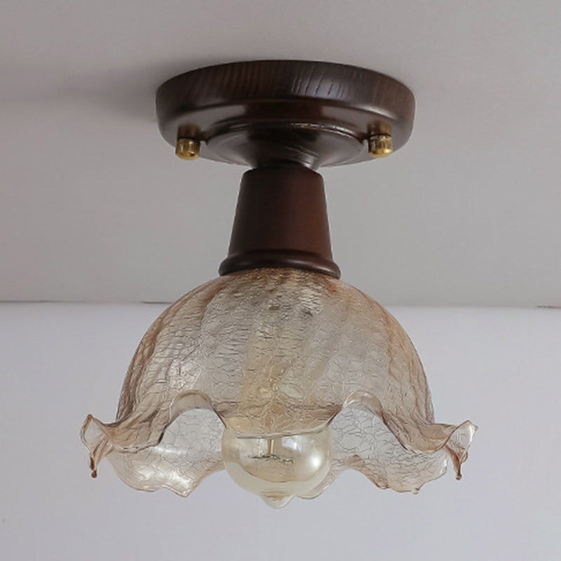 Contemporary Retro Crackle Flower Ash Wood Glass 1-Light Semi-Flush Mount Ceiling Light For Hallway
