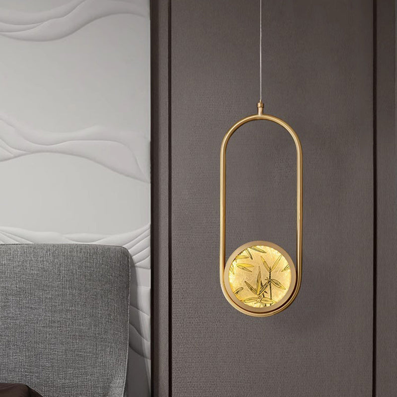 Lustre suspendu LED en verre émaillé en cuivre avec feuille de bambou elliptique ronde carrée traditionnelle chinoise pour chevet 