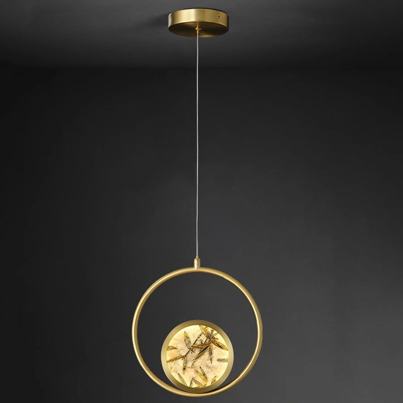 Lustre suspendu LED en verre émaillé en cuivre avec feuille de bambou elliptique ronde carrée traditionnelle chinoise pour chevet 