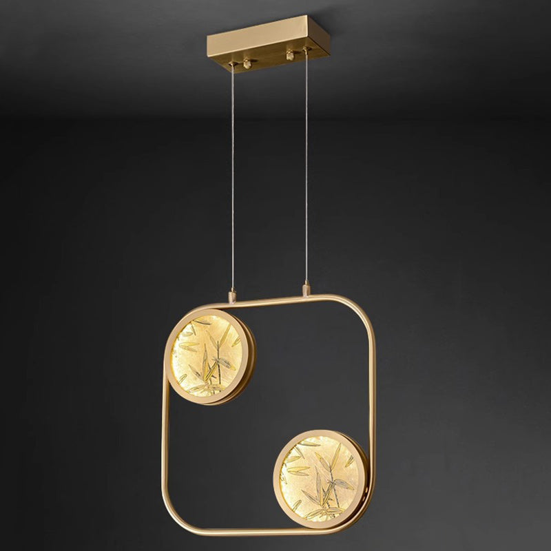 Lustre suspendu LED en verre émaillé en cuivre avec feuille de bambou elliptique ronde carrée traditionnelle chinoise pour chevet 