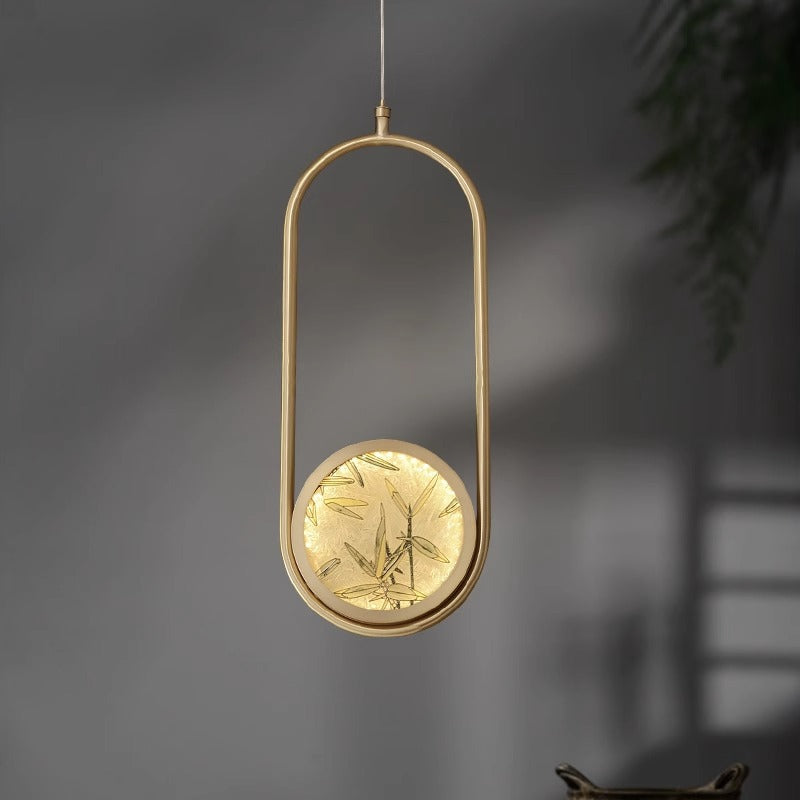 Lustre suspendu LED en verre émaillé en cuivre avec feuille de bambou elliptique ronde carrée traditionnelle chinoise pour chevet 