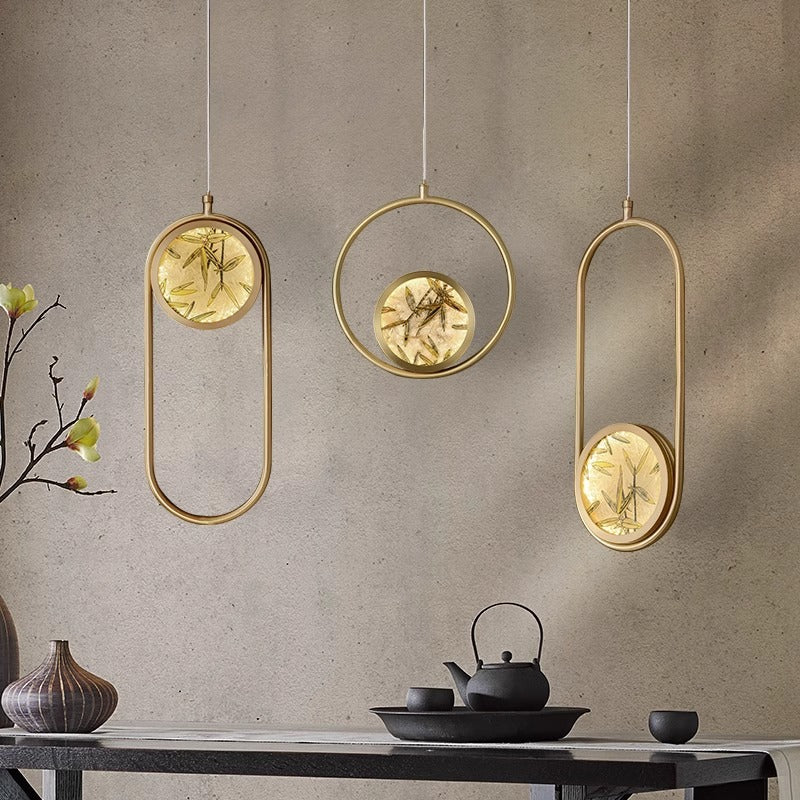 Lustre suspendu LED en verre émaillé en cuivre avec feuille de bambou elliptique ronde carrée traditionnelle chinoise pour chevet 
