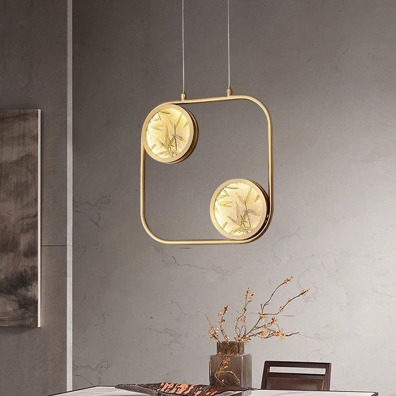 Lustre suspendu LED en verre émaillé en cuivre avec feuille de bambou elliptique ronde carrée traditionnelle chinoise pour chevet 