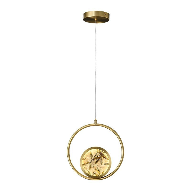 Lustre suspendu LED en verre émaillé en cuivre avec feuille de bambou elliptique ronde carrée traditionnelle chinoise pour chevet 
