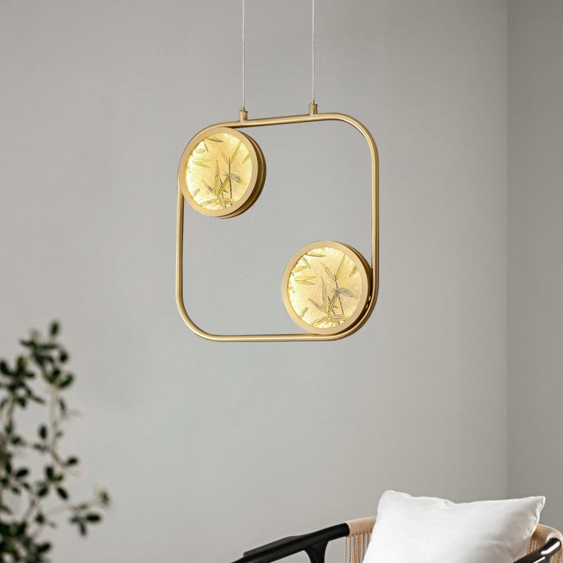 Lustre suspendu LED en verre émaillé en cuivre avec feuille de bambou elliptique ronde carrée traditionnelle chinoise pour chevet 