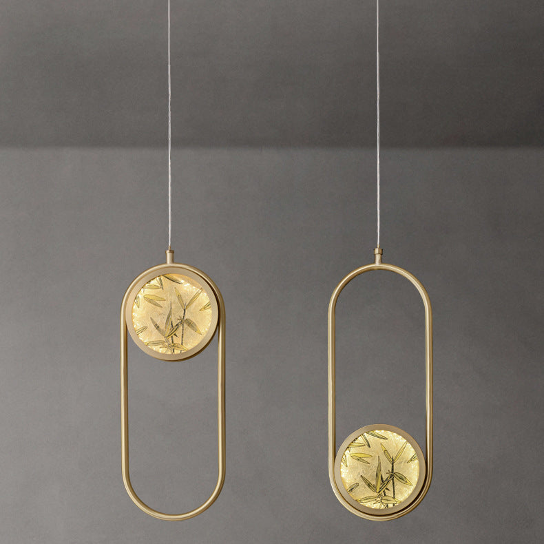 Lustre suspendu LED en verre émaillé en cuivre avec feuille de bambou elliptique ronde carrée traditionnelle chinoise pour chevet 