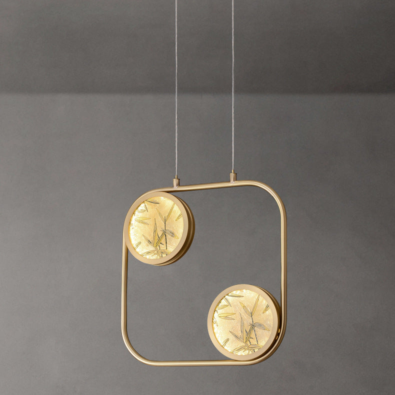 Lustre suspendu LED en verre émaillé en cuivre avec feuille de bambou elliptique ronde carrée traditionnelle chinoise pour chevet 