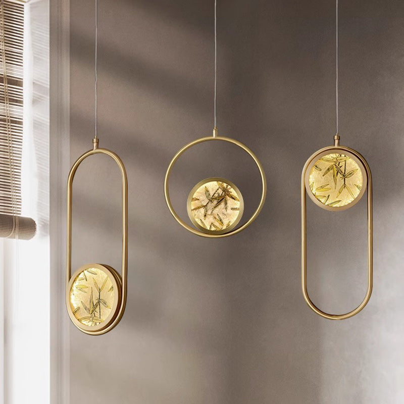 Lustre suspendu LED en verre émaillé en cuivre avec feuille de bambou elliptique ronde carrée traditionnelle chinoise pour chevet 