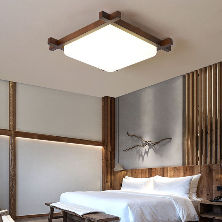 Traditionelle japanische quadratische Deckenleuchte aus Gummi-Holz und Acryl mit LED für das Schlafzimmer 