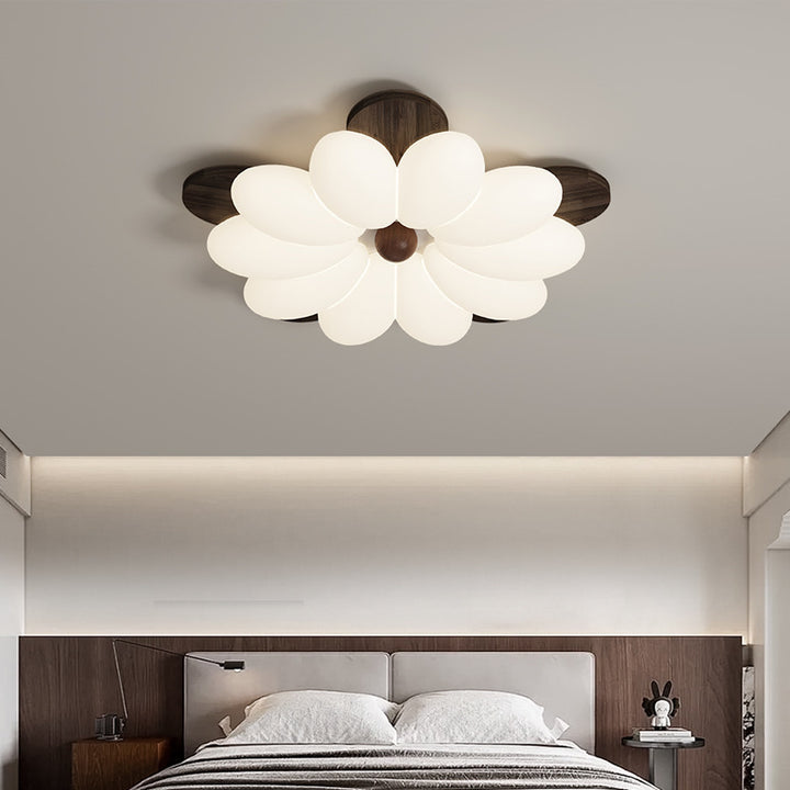 Plafonnier LED en bois avec pétales de fleurs rétro contemporaines pour chambre 