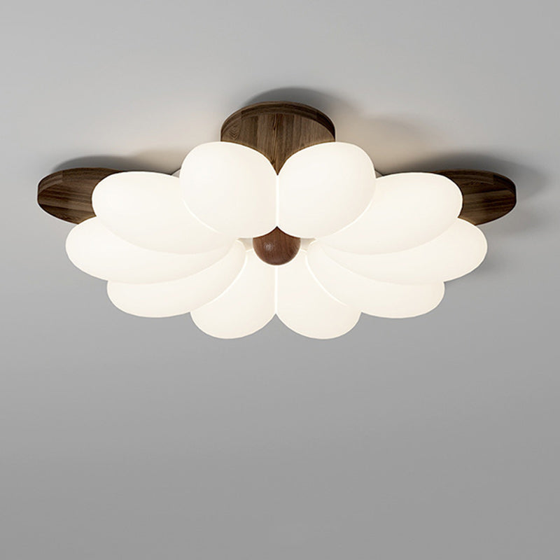 Plafonnier LED en bois avec pétales de fleurs rétro contemporaines pour chambre 
