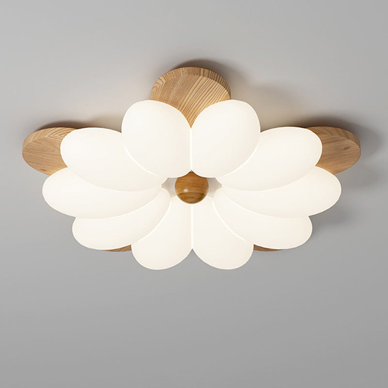 Plafonnier LED en bois avec pétales de fleurs rétro contemporaines pour chambre 