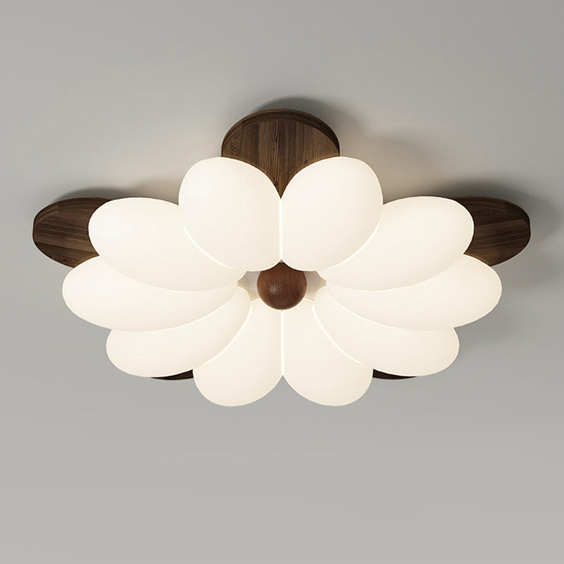 Plafonnier LED en bois avec pétales de fleurs rétro contemporaines pour chambre 