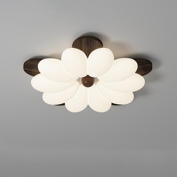 Plafonnier LED en bois avec pétales de fleurs rétro contemporaines pour chambre 