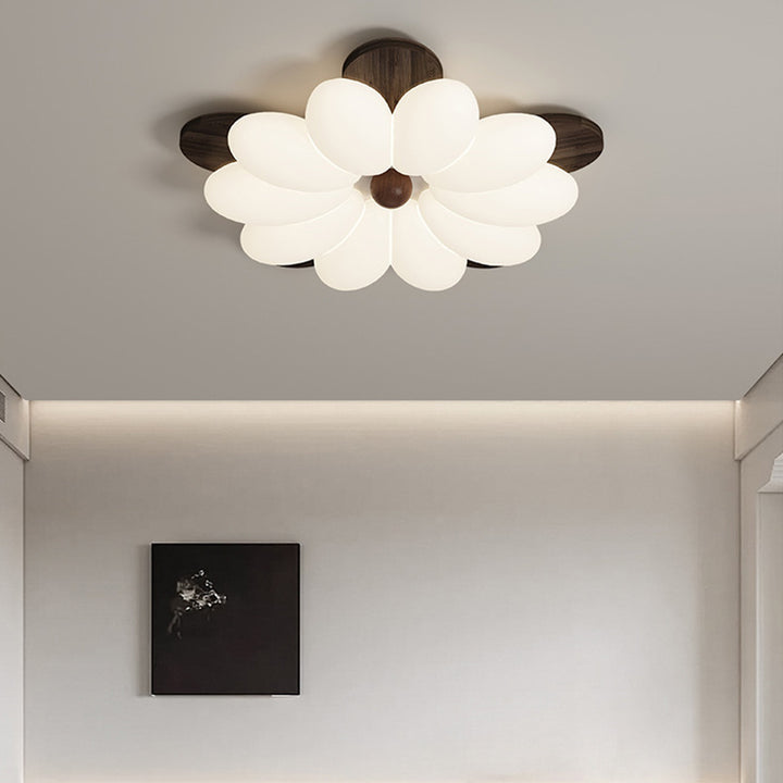 Plafonnier LED en bois avec pétales de fleurs rétro contemporaines pour chambre 