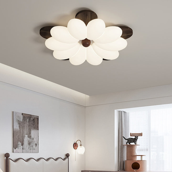 Plafonnier LED en bois avec pétales de fleurs rétro contemporaines pour chambre 