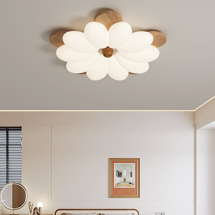 Plafonnier LED en bois avec pétales de fleurs rétro contemporaines pour chambre 